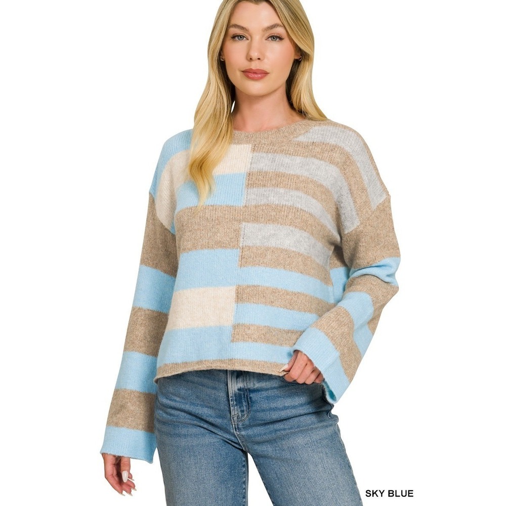 Zenana Lightweight Wool Blend Color Block Sweater - Sky Blue‎ - Medium